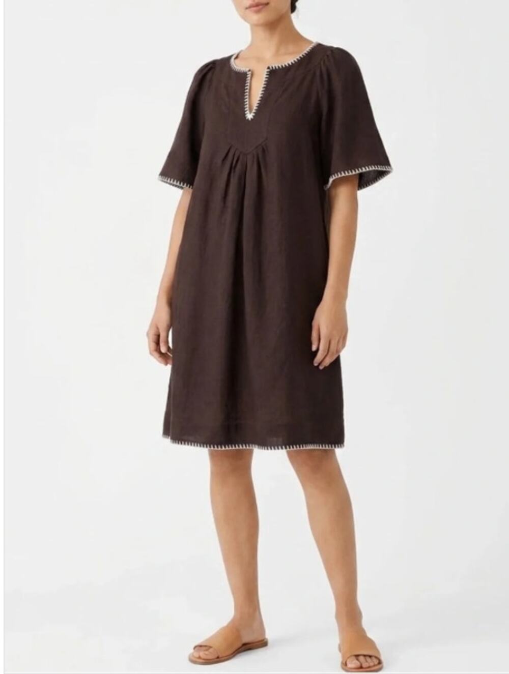 Magaschoni XS Brown Linen Dress Embroiered Trim Short Sleeve Flutter Sleeve